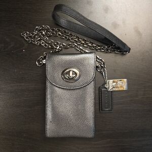 Coach Metallic Gunmetal Mini Turnlock Crossbody Phone Purse